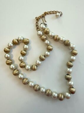 Gold and White Faux Pearl Beaded Necklace